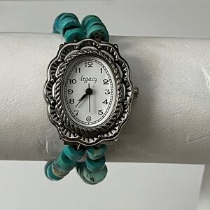 Legacy Silver Floral Bezel Quartz Watch with Turquoise Bracelet.Needs battery.